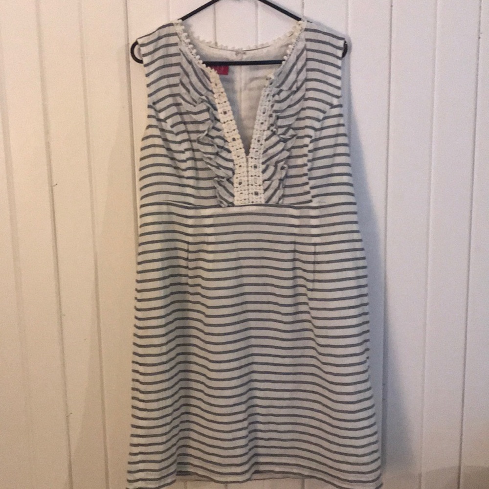 Sleeveless white and blue striped dress